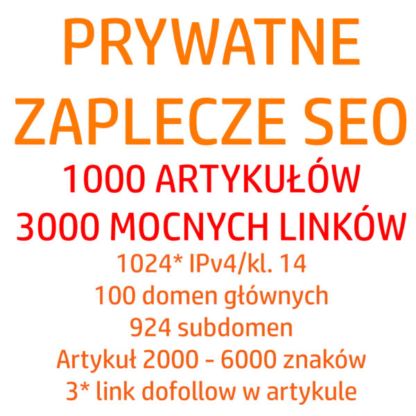 Prywatne zaplecze SEO 1000 artykułów na 1000 domenach 3000 mocnych linków 1000 adresów IP 1000 domen.