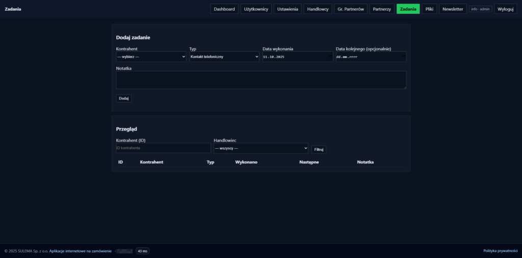 panel partnera i handlowca - administracja - dział handlowców, dodawanie zadań, podgląd zadań do wykonania